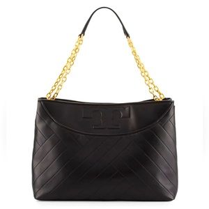 NWT TORY BURCH ALEXA SHOULDER LEATHER HANDBAG TOTE BLACK & GOLD MSRP $598 NEW